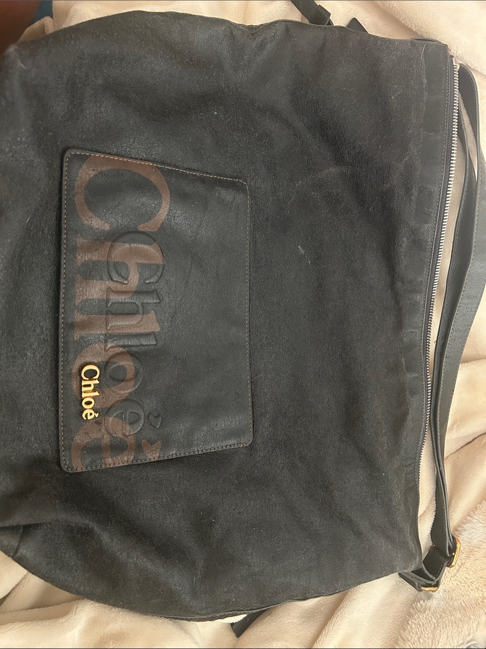 Chloé Black Suede Hobo with Logo Front Pocket
